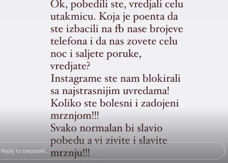 Sneki Borjan jutros je javno objavila poruke koje su ona i Milan dobili, kao i brojeve tih ljudi: 'Instagram ste nam blokirali s najstrašnijim uvredama...'