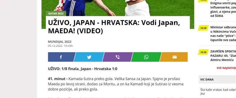 Srpski mediji nakon gola Japana: 'Kom&scaron;ijske muke! &Scaron;ok za Vatrene, Japanci vode vode protiv viceprvaka svijeta'