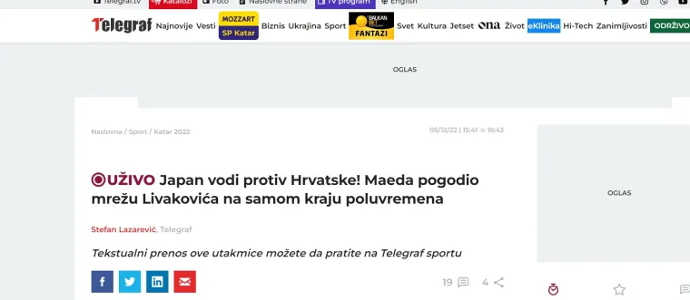 Srpski mediji nakon gola Japana: 'Kom&scaron;ijske muke! &Scaron;ok za Vatrene, Japanci vode vode protiv viceprvaka svijeta'