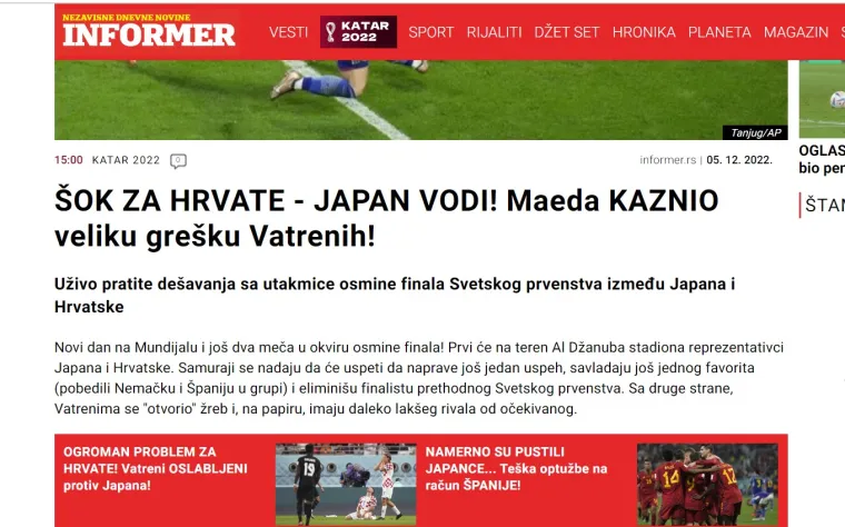 Srpski mediji nakon gola Japana: 'Kom&scaron;ijske muke! &Scaron;ok za Vatrene, Japanci vode vode protiv viceprvaka svijeta'