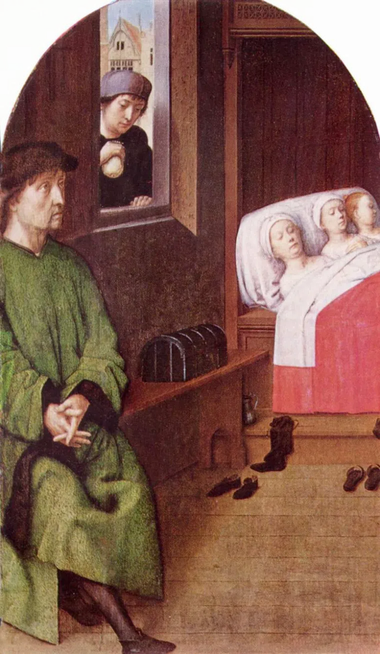 Prema kršćanskoj mitologiji,  u blizini roditeljske kuće sv. Nikole živio je bogat čovjek koji je izgubio carsku službu i sav imetak. Imao je tri kćeri, ali ih nije mogao udati, pa ih je odlučio prostituirati kako bi se prehranili. One su molile za spas svoje časti i poštenja.  Sveti Nikola je nekako doznao za tu odluku pa je uzeo vrećicu i napunio je dukatima, umotao u platno i potajno ubacio dukate kroz prozor. Kad je otac shvatio da ima dovoljno novaca da uda jednu kćer, to je i napravio, a potom se   isti slučaj dogodio i drugi put.  Zbog toga je sveti Nikola ujedno i zaštitnik prostitutki.