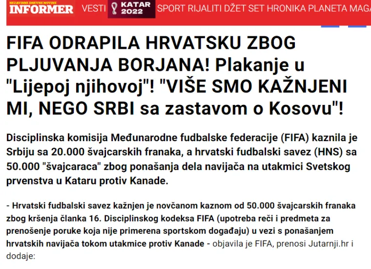 Srpski mediji o kazni Hrvatskoj: 'FIFA odrapila Hrvatsku zbog pljuvanja Borjana, plaču u 'lijepoj njihovoj'