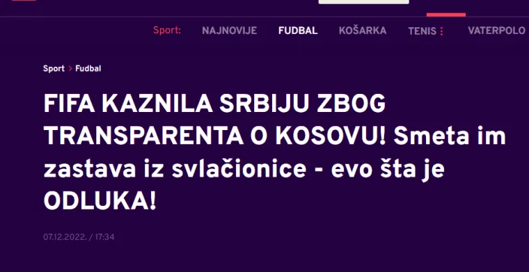 Srpski mediji o kazni Hrvatskoj: 'FIFA odrapila Hrvatsku zbog pljuvanja Borjana, plaču u 'lijepoj njihovoj'