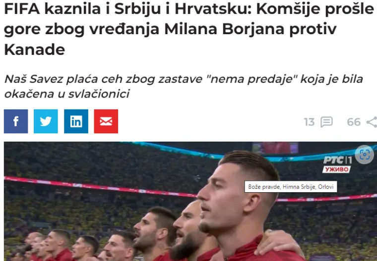 Srpski mediji o kazni Hrvatskoj: 'FIFA odrapila Hrvatsku zbog pljuvanja Borjana, plaču u 'lijepoj njihovoj'