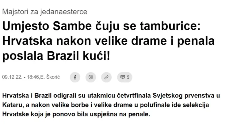 Bosanski mediji gore nakon velikog slavlja Hrvatske: 'Umjesto Sambe, čuju se tamburice, Hrvatska poslala Brazil kući'