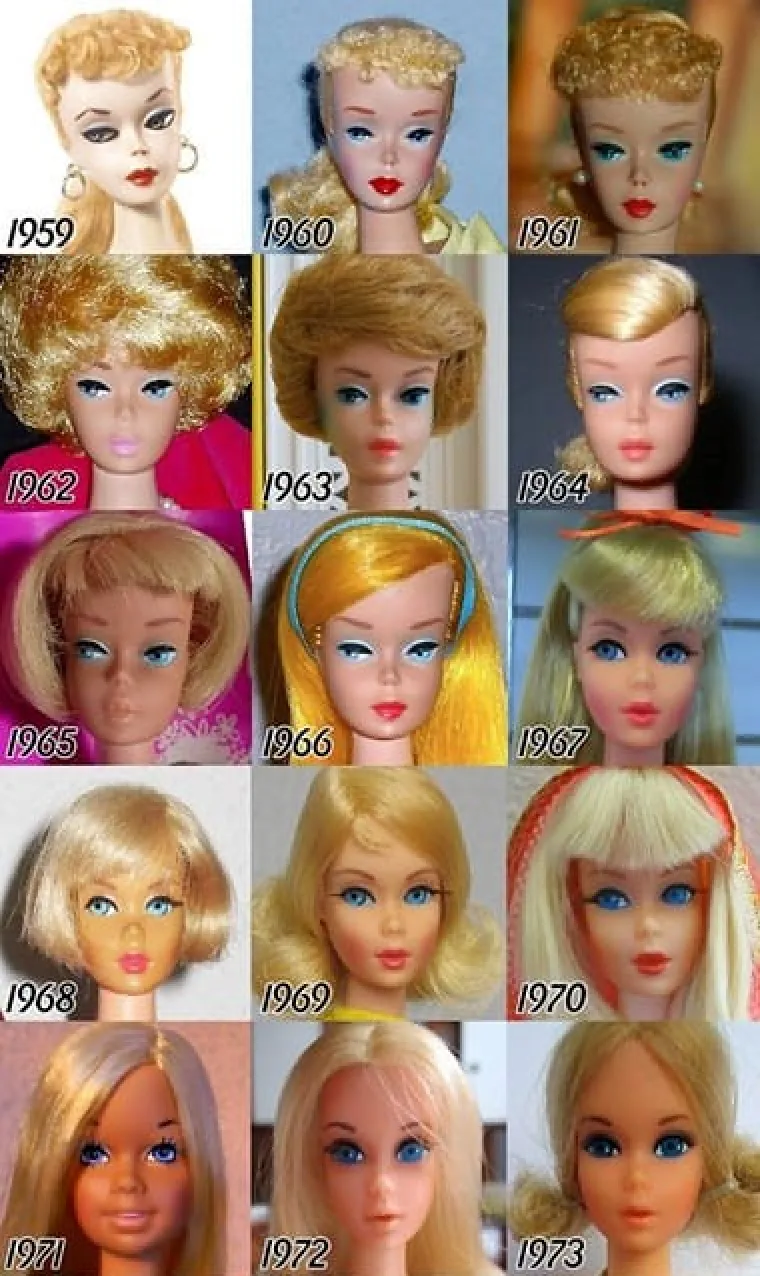 1950-ih Barbie Millicent Roberts (njezino puno ime) debitirala je 1959., predstavljajući glamur starog Hollywooda i ikona poput Marilyn Monroe, Audrey Hepburn i Elizabeth Taylor. Koštala je 3 dolara (21 kunu), a 300.000 lutaka prodano je u prvoj godini. Prva lutka Barbie nosila je crno-bijeli kupaći kostim sa zebrastim prugama i prepoznatljiv konjski rep s čvorovima na vrhu, a bila je dostupna kao plavuša ili brineta. Njezinu odjeću je kreirala Mattelova modna dizajnerica Charlotte Johnson. Prve Barbie lutke proizvedene su u Japanu, a odjeću su ručno šivale japanske domaćice. 1960-ih godina sa svojim modernim izgledom i frizurom, Barbie je bila najmodernija lutka u svijetu. Štoviše, Mattel je 1969. predstavio prvu crnu lutku Barbie, Christie. 1970-ih je tema bila Kalifornija, kada su Malibu Barbie (1971.) i Malibu Christie (1973.) vladale pijeskom i surfanjem u šik jednodijelnim komadima. Jedna žena je u Facebook grupi Nostalgija napisala da posjeduje i Barbie iz šezdesetih: &quot;Imam sve pa i jednu iz 60-ih.&quot;