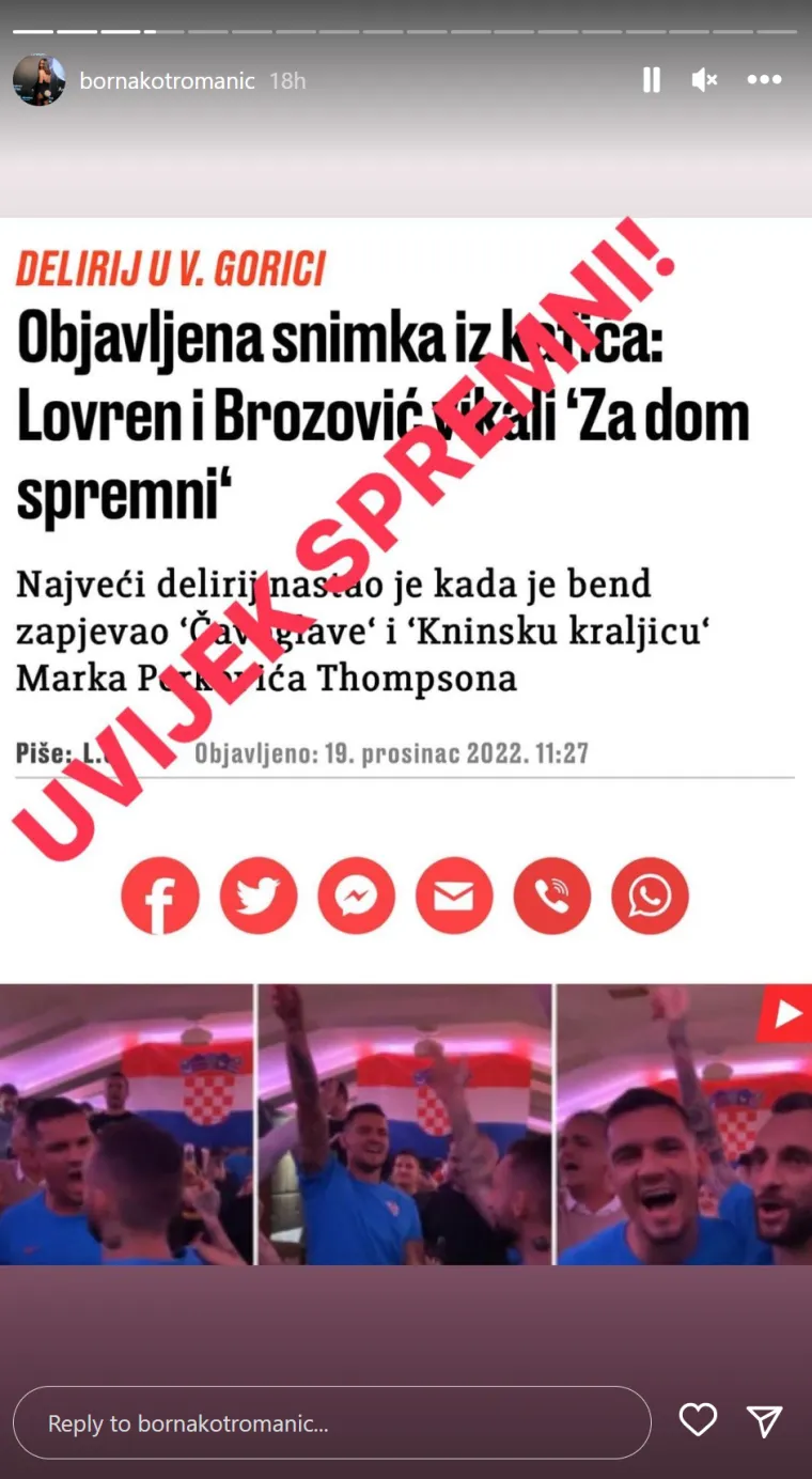 Velikim crvenim slovima ispisala je &quot;Uvijek spremni&quot; preko naslova koji glasi &quot;Najveći delirij nastao je kada je bend zapjevao ‘Čavoglave‘ i ‘Kninsku kraljicu‘ Marka Perkovića Thompsona&quot;.