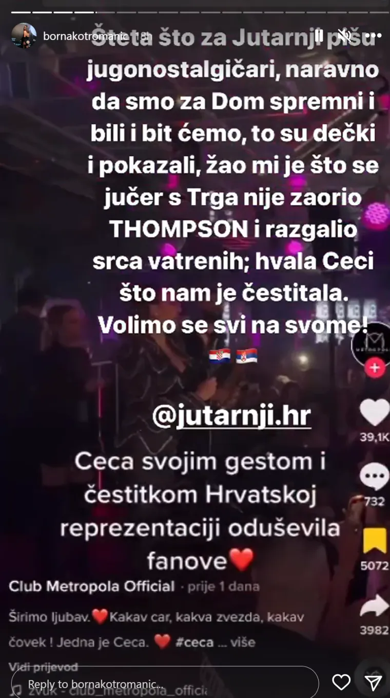 Osvrnula se i na nastup Cece Ražnatović na kojem je čestitala Vatrenima na pobjedi: &quot;Hvala Ceci što nam je čestitala. Volimo se svi na svome&quot;, poručila je Borna. 