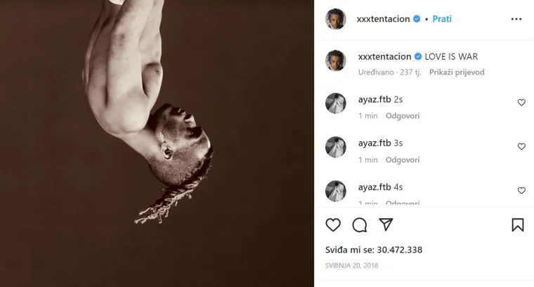 8. Zadnja objava repera XXXTentaciona prije smti: Fotografija je objavljena u svibnju 2018. godine, a reper je mjesec dana kasnije umro. Objava je skupila 30 milijuna lajkova. 