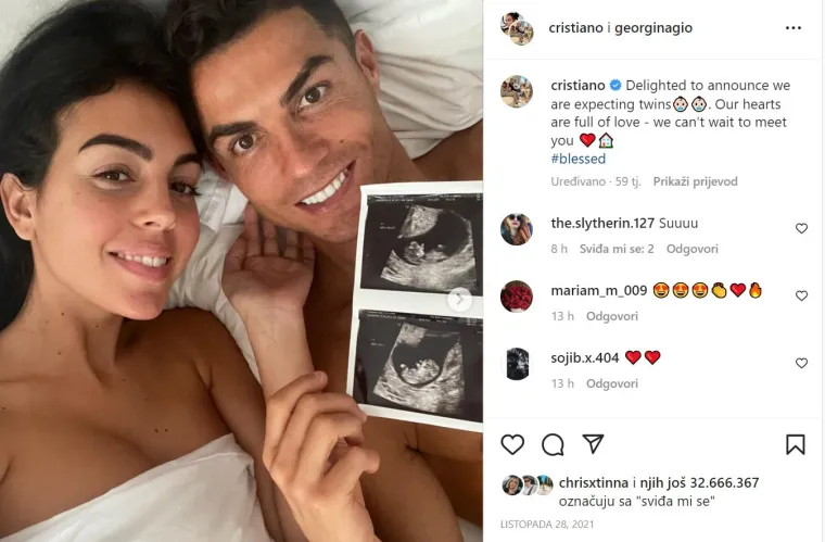 5. Georgina je trudna: Objava na kojoj Ronaldo pozira s Georginom kojom su objavili da čekaju blizance skupila je 32 milijuna lajkova. 