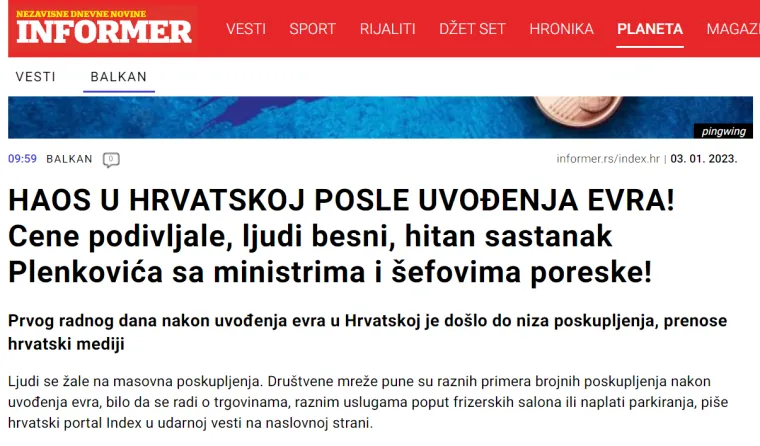 Srpski mediji se raspisali o divljačkom dizanju cijena u Hrvatskoj: 'Hrvati u mukama, čim je uveden euro nastao je kaos'
