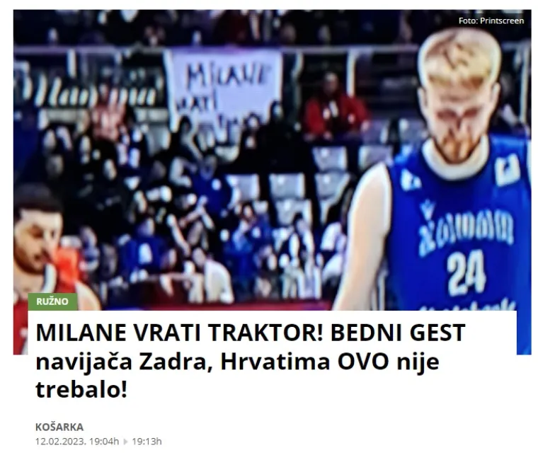Srpski Kurir proziva Zadrane zbog transparenta koji je osvanuo na tribinama. "Milane vrati traktor! Bijedna gesta navijača Zadra, Hrvatima ovo nije trebalo", naslov je njihovog teksta