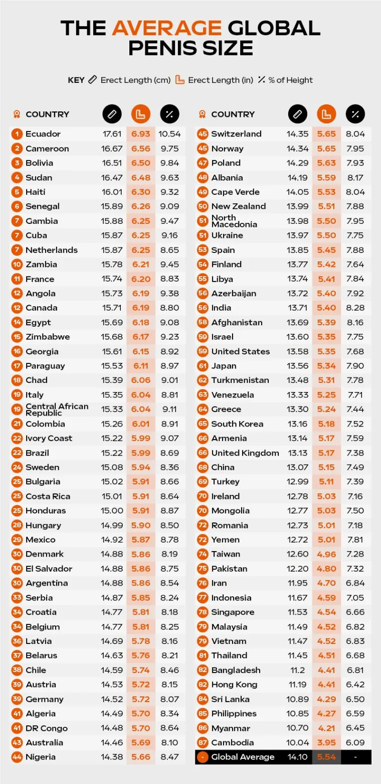 Mađari na 28. mjestu s prosjekom od 14,99 cm odnosno 8,5 posto prosječne visine, a čini se da su od susjeda najobdareniji Talijani s penisima od 15,35. Za Sloveniju i BiH  nema podataka. 