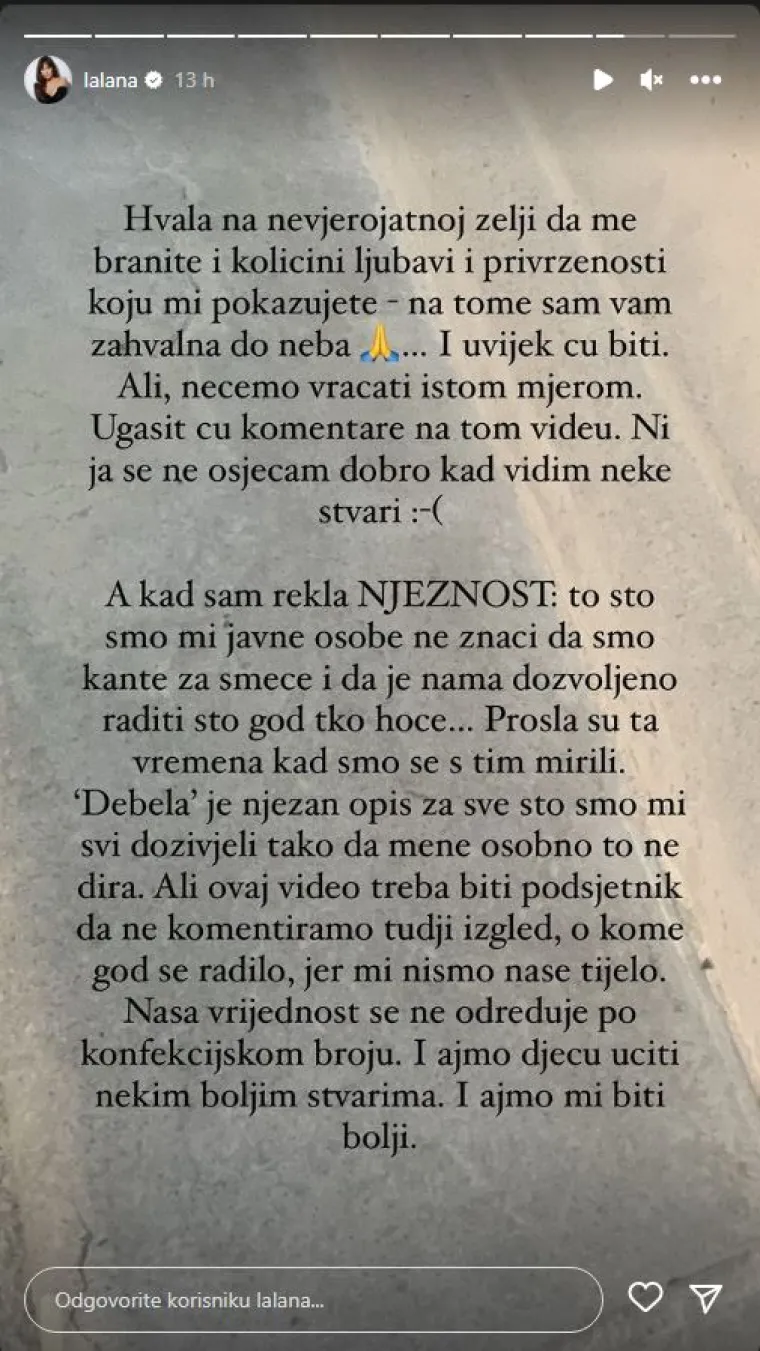Podsjetimo, Lana je jučer na Instagramu podijelila video na kojem se može vidjeti kako ju je jedna djevojka iza njenih leđa nazvala &quot;debelom&quot;. &quot;Kak&apos; je debela&quot;, rekla je djevojka i potom napravila grimasu dok se Lana nakon nastupa družila s obožavateljima.