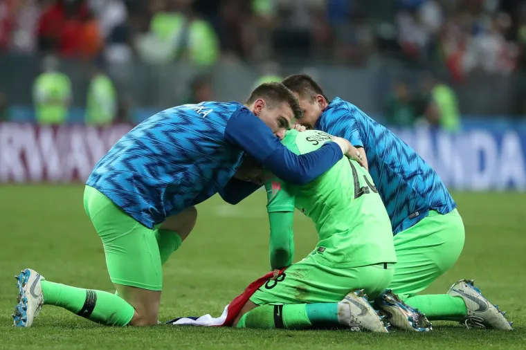 11.07.2018., stadion Luznjiki, Moskva, Rusija - Svjetsko nogometno prvenstvo 2018., polufinale, Hrvatska - Engleska. Hrvatska rezultatom 2:1 poslala Engleze kuci, u finalu ih ceka Francuska. Golmani Dominik Livakovic, Lovre Kalinic, Danijel Subasic. Photo: Igor Kralj/PIXSELL