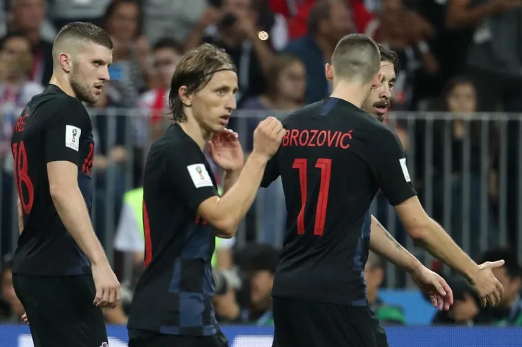 11.07.2018., stadion Luznjiki, Moskva, Rusija - Svjetsko nogometno prvenstvo 2018., polufinale, Hrvatska - Engleska. Ivan Perisic izjednacio na 1:1. Ante Rebic, Luka Modric, Marcelo Brozovic, Sime Vrsaljko. Photo: Igor Kralj/PIXSELL