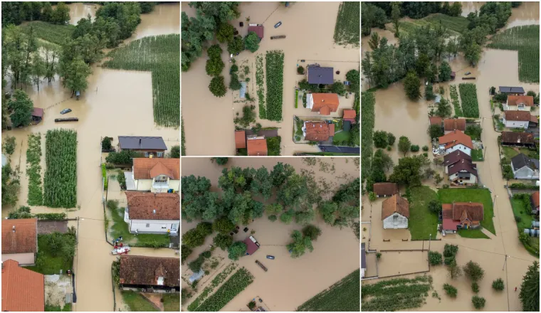 Pogled iz zraka na poplavljene kuće u Javorju