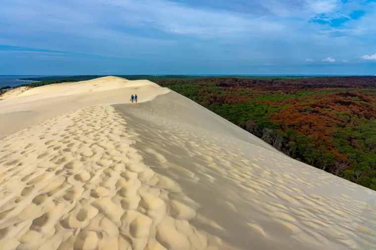DUNE DU PILAT (FRANCUSKA) - Najviša je pješčana dina u Europi, smještena na atlantskoj obali Francuske u blizini grada Arcachona. Visoka oko 110 metara i dugačka oko 2,7 kilometara, Dune du Pilat je prirodni fenomen koji se neprestano mijenja pod utjecajem vjetra i morskih struja. S vrha ove spektakularne dine pruža se nevjerojatan panoramski pogled – s jedne strane na guste borove šume Landes, a s druge na beskrajno plavetnilo Atlantskog oceana i zaljev Arcachon.
Popularna je destinacija za turiste, avanturiste i ljubitelje prirode, koji dolaze uživati u hodanju po pješčanim padinama, promatranju zalazaka sunca ili čak paraglajdingu. 