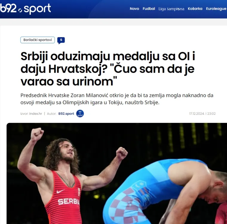 Srbiji oduzimaju medalju sa OI i daju Hrvatskoj? &quot;Čuo sam da je varao sa urinom&quot; Predsjednik Hrvatske Zoran Milanović otkrio je da bi ta zemlja mogla naknadno osvojiti medalju s Olimpijskih igara u Tokiju, nauštrb Srbije, piše B92. 