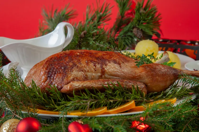 10. Njemačka - Glavno jelo za njemačku božićnu večeru je božićna guska, zvana weihnachtsgans. Tradicionalno se puni kestenima, jabukama, suhim šljivama i lukom, a poslužuje se s krumpirom, umakom, kiselim i crvenim kupusom. Najstariji poznati recept za ovo jelo potječe iz kuharice izdane 1350. godine &quot;Das Buch von guter Speise&quot;.