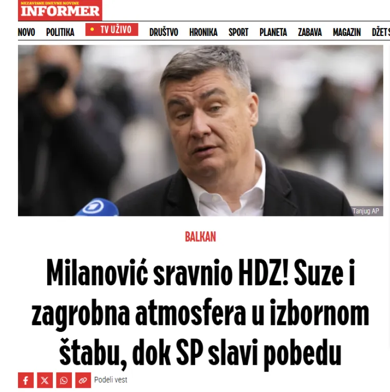 Regionalni portali vrište o pobjedi Milanovića: 'Sravnio je HDZ! Suze i zagrobna atmosfera'