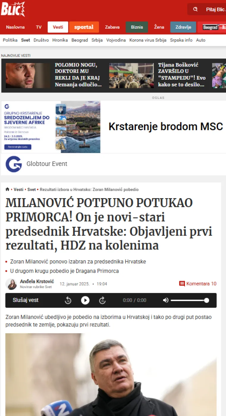 Milanović je dobio 1.069.437  glasova, a Primorac 365.437 glasova, pokazuju privremeni rezultati izbora u 20,40 sati