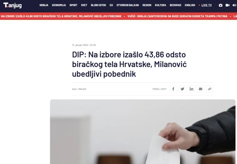 Srbijanska novinska agencija Tanjug javila je da je Milanović postigao najuvjerljiviji rezultat na svim predsjedničkim izborima u Hrvatskoj do sada, s tim da je ratni hrvatski predsjednik Franjo Tuđman pobjede na predsjedničkim izborima odnosio u prvom izbornom krugu s nešto više od 50 posto podrške