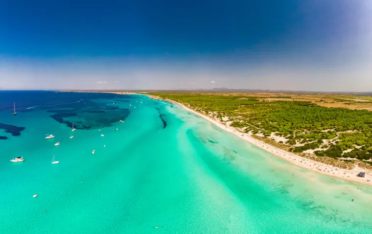7. Plaža Es Trenc, Mallorca, Španjolska (64/100): Nalazi se blizu Camposa na južnoj obali Mallorce. Plaža je duga oko 10 km i njezin bijeli pjesak prostire se od Sa Ràpite do Colònia de Sant Jordi. Es Trenc je najpoznatija nudistička plaža na Mallorci, iako i tamo mnogi posjetitelji nose kupaće kostime. Također je najpopularnija LGBT plaža na otoku. Ono što je posebno kod plaže Es Trenc jest to što se nalazi u zaštićenom području, što znači da visoke zgrade ne narušavaju pogled.