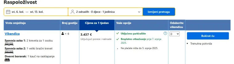 Zatim smo ukucali termin od 6. do 13. kolovoza (također 7 noćenja) i ponuđena nam je cijena od 3437 eura, što bi bilo spomenutih 491 euro po noćenju. Popust nije ponuđen...