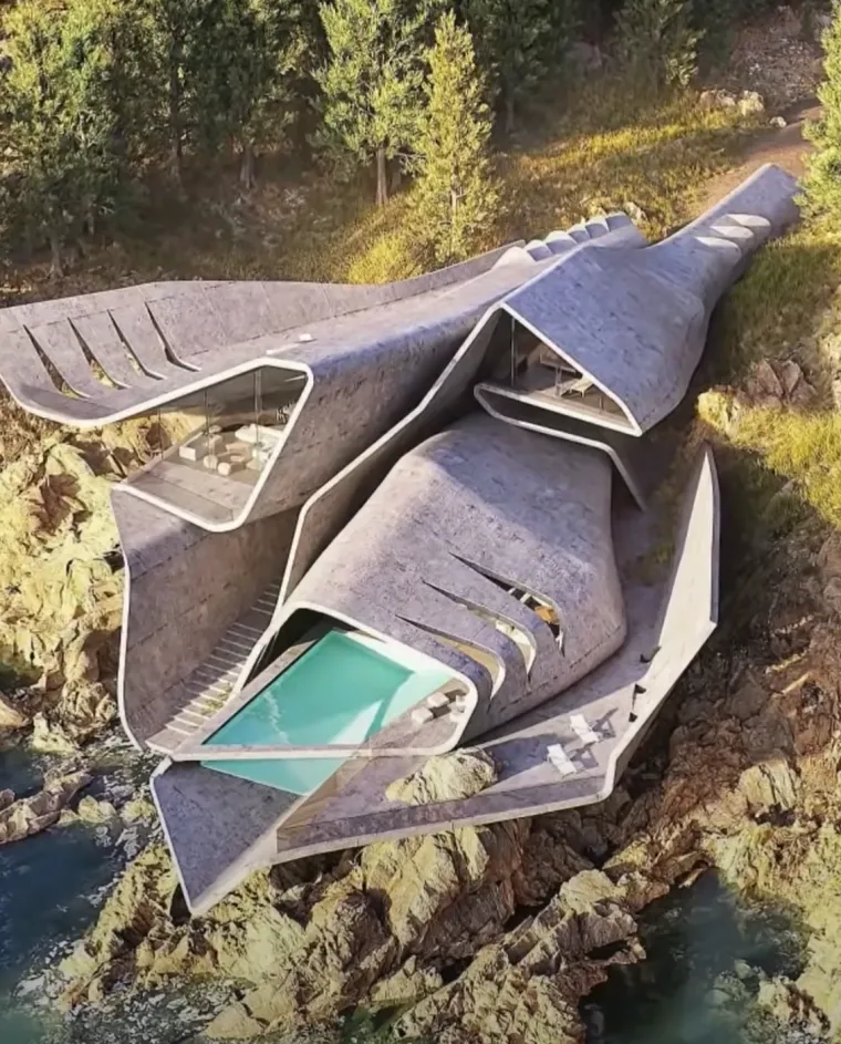 STINGRAY HOUSE - Smještena na obali Atlantskog oceana u Brazilu, Stingray House (Kuća raža) prava je oda slobodi forme i inspiraciji iz prirode. Ova fascinantna građevina svoj oblik duguje morskoj raži, čije su elegantne, valovite linije poslužile kao osnova za dizajn koji djeluje gotovo kao da lebdi iznad tla. Arhitekt Marlon Blackwell (ili prema nekim izvorima brazilski studio koji kombinira arhitekturu i bio-dizajn) zamislio je kuću kao spoj organskih krivulja, velikih staklenih površina i fluidnog prostora koji se savršeno stapa s okolinom. Gledana iz zraka, kuća podsjeća na ražu koja pliva – s &quot;perajama&quot; koje se protežu prema terasama i &quot;repom&quot; koji se savija prema stražnjem dijelu.
Unutrašnjost kuće jednako je impresivna – otvoreni koncept, prirodni materijali, obilje svjetla i pogled koji oduzima dah. Zgrada ne samo da prkosi klasičnim arhitektonskim pravilima, već ih i redefinira – tako što spaja umjetnost, funkcionalnost i inspiraciju iz prirode u jedno estetski savršeno djelo.
