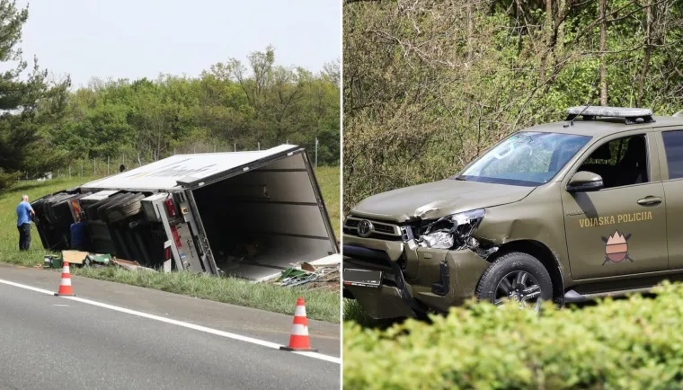 Krš i lom nakon dvije prometne: Razbijeno vozilo vojne policije, kamion završio na boku