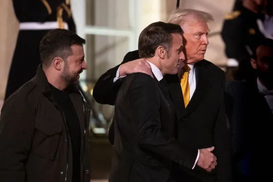 France s President Emmanuel Macron flanked by US president-elect Donald Trump and Ukraine s President Volodymyr Zelensky pose after a meeting at The Elysee Presidential Palace in Paris on December 7, 2024.//ACCORSINIJEANNE_MAC.009/Credit:JEANNE ACCORSINI/SIPA/2412071854,Image: 944085959, License: Rights-managed, Restrictions: , Model Release: no