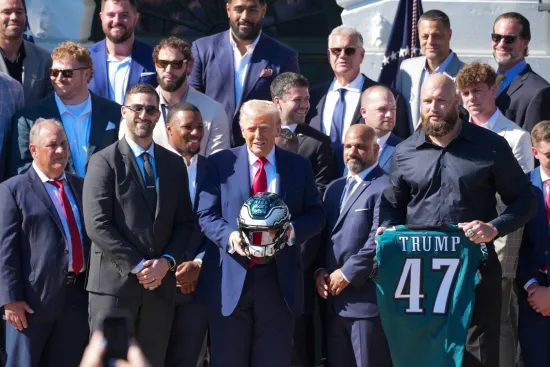 April 28, 2025, Washington, District of Columbia, USA: Eagles coach NICK SIRIANNI and right tackle LANE JOHNSON presented President DONALD TRUMP with a number 47 midnight green jersey and a helmet signed by members of the team. At the center of the helmet between signatures by Johnson and Landon Dickerson, the word 'M.A.G.A' was written in silver marker. Philadelphia Eagles, the Super Bowl champion NFL football team, were welcomed to the South Lawn of the White House. (Credit Image: ? Andrew Leyden/ZUMA Press Wire)

Pictured: nick sirianni,donald trump,lane johnson,Image: 993217378, License: Rights-managed, Restrictions: -PER, -HUN, -CHN, -PRT, -NLD, -GBR, -FIN, -CZE, -NOR, -JPN, -TWN, -SVN, -ARG, -FRA, -SWE, -BEL, -MEX, Model Release: no, Pictured: nick sirianni,donald trump,lane johnson