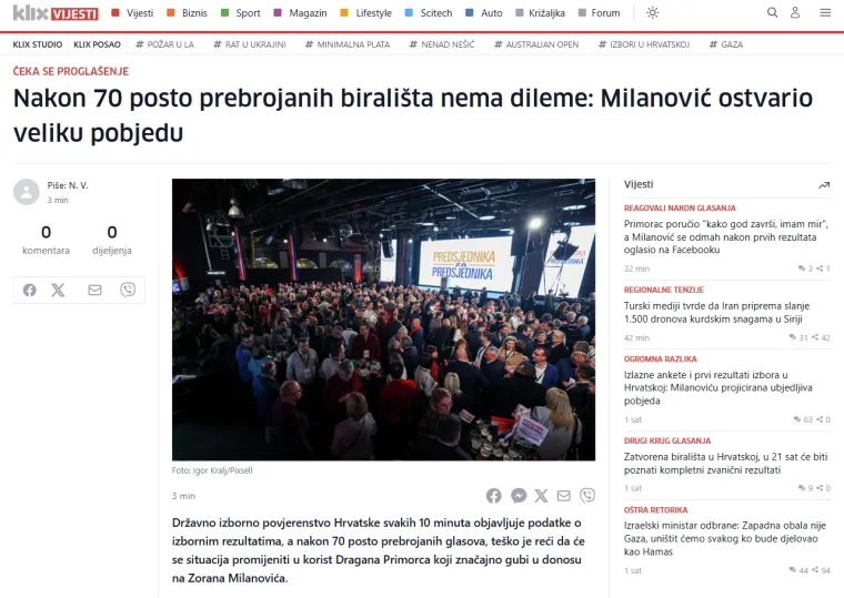 Regionalni portali vrište o pobjedi Milanovića: 'Sravnio je HDZ! Suze i zagrobna atmosfera'