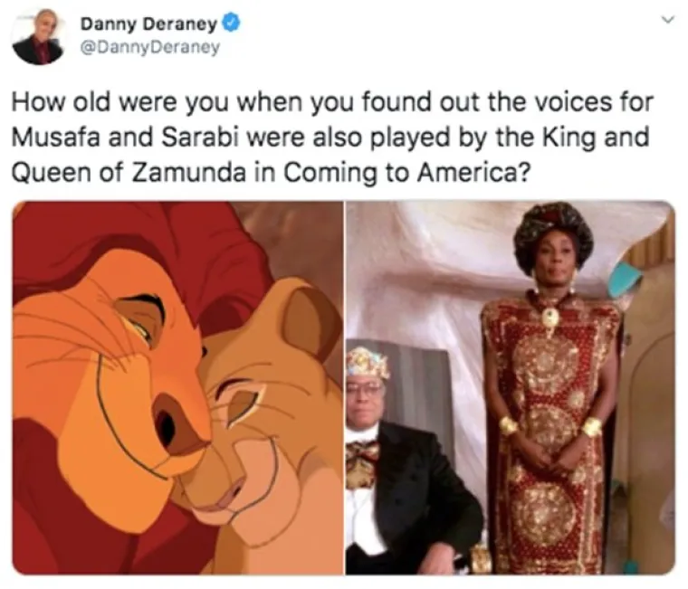 Likovima Musafe i Sarabi glasove su dali isti glumci koji tumače kralja i kraljicu u filmu "Coming to America".