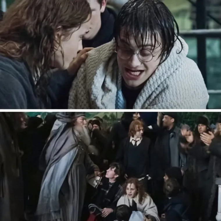 Hermiona, Harryjeva prijateljica, odluči podijeliti svoj ručnik s dječakom, koji se smrznuo pod vodom. Ali u sljedećem kadru vidimo da su i ona i Harry zamotani u zasebne ručnike. Je li ovo bio blooper ili primjer vrste prijateljstva?