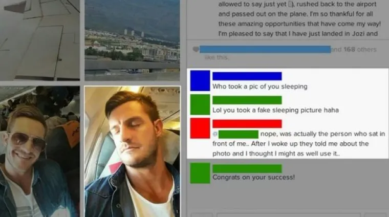 U avionu ga je slikala osoba koja je sjedila ispred njega. Dok je spavao. Pa ga je kasnije obavijestila o tome.