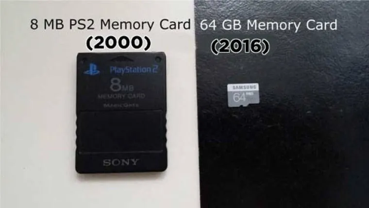 U 16 godina razlika je još apsurdnija. Lijevo je memorijska kartica od 8 megabajta iz 2000., a desno moderna memorijska kartica od 64 gigabajta (8000 puta više informacija na višestruko manje prostora).