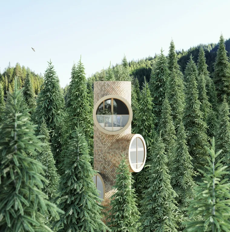 KUĆICA NA DRVETU INSPIRIRANA DJEČJIM OMILJENIM LIKOVIMA MINIONS I SESAME STREET - Sastoji se od kružne baze na kojoj su smje&scaron;teni modularni, cjevasti dijelovi koji sadrže kuhinje, dnevne boravke, spavaće sobe i kupaonice, a koji se mogu slagati jedan preko drugoga i oko baze poput grana koje se granaju od debla. Kućica će biti izrađena od drva, a krov će imati &scaron;indre nalik listovima kako bi se &scaron;to bolje uklopila u &scaron;umski okoli&scaron;. Za kori&scaron;tenje u izoliranim, off-grid uvjetima, na krovu će biti postavljene solarne ploče, a na tlu kompostirajući toaleti. Ovaj jedinstveni projekt osmislio je austrijski arhitektonski studio Precht za startup Baumbau, specijaliziran za male modularne kuće. Kućica Bert predviđena je za prefabrikaciju u tvornici, a potom za montažu na licu mjesta.