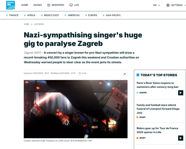 Svjetski mediji se raspisali o Thompsonu, srpski 'na aparatima': 'Skandalozno, ustaše vršljaju usred Zagreba'