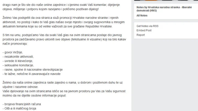 HNS na Facebooku objavio 'Kućni red stranice'