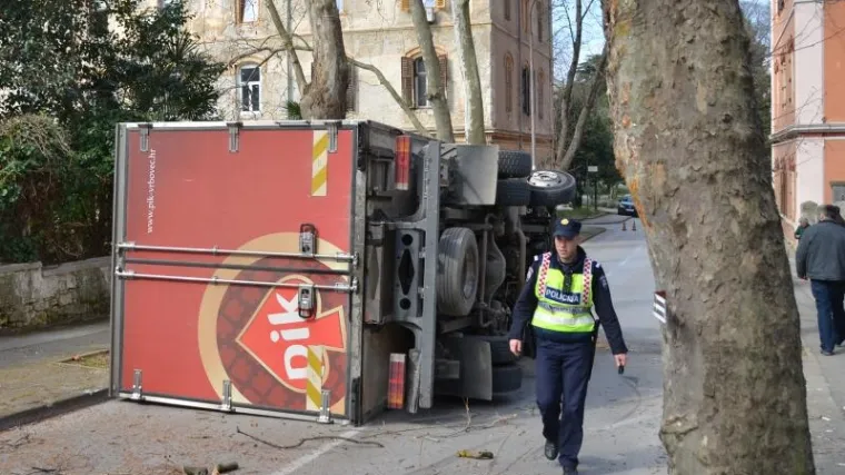 Kamionom zahvatio grane iznad ceste pa se prevrnuo na bok