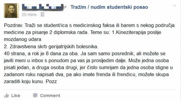 Na Facebooku traži studente s područja medicine da pišu diplomske