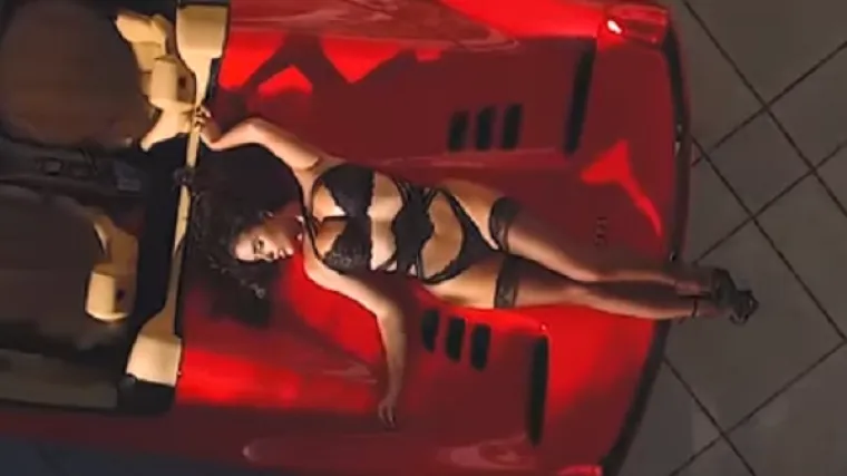Ma&scaron;tate o curi u seksi donjem rublju kako leži na sportskom automobilu? Želja ostvarena!
