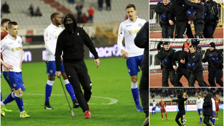 Maskirani huligan s palicom utrčao na teren pa krenuo loviti suca, uhitili ga specijalci