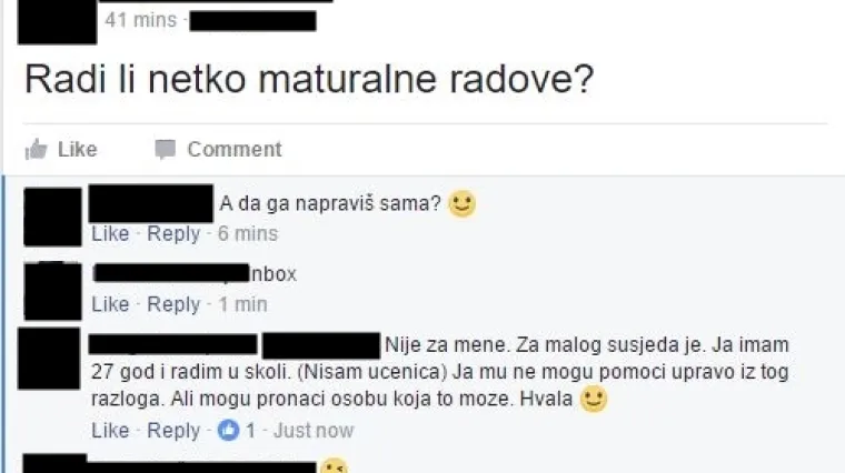 Studenti osramotili profesoricu: u Facebook grupi tražila da netko učeniku napi&scaron;e maturalni rad