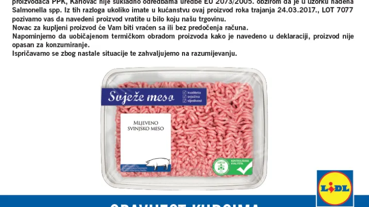 U mljevenom svinjskom mesu iz Lidla utvrđena salmonela!