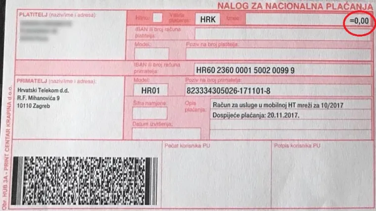 U Hrvatskoj je sve moguće, pa čak i da žena dobije uplatnicu na kojoj iznos koji treba platiti bude nula kuna