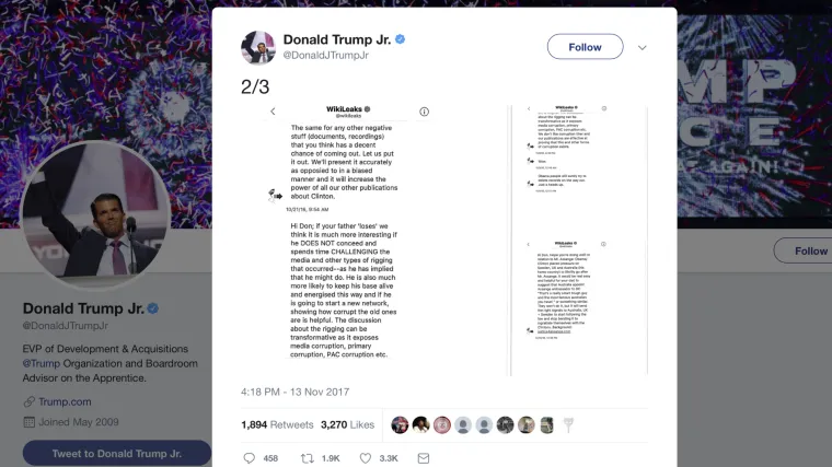 Trumpov sin nakon medijskih natpisa objavio komunikaciju s WikiLeaksom