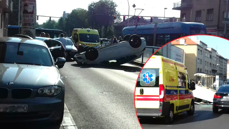 FOTO Te&scaron;ka prometna nesreća u Zagrebu: u sudaru tri automobila jedan se prevrnuo na krov